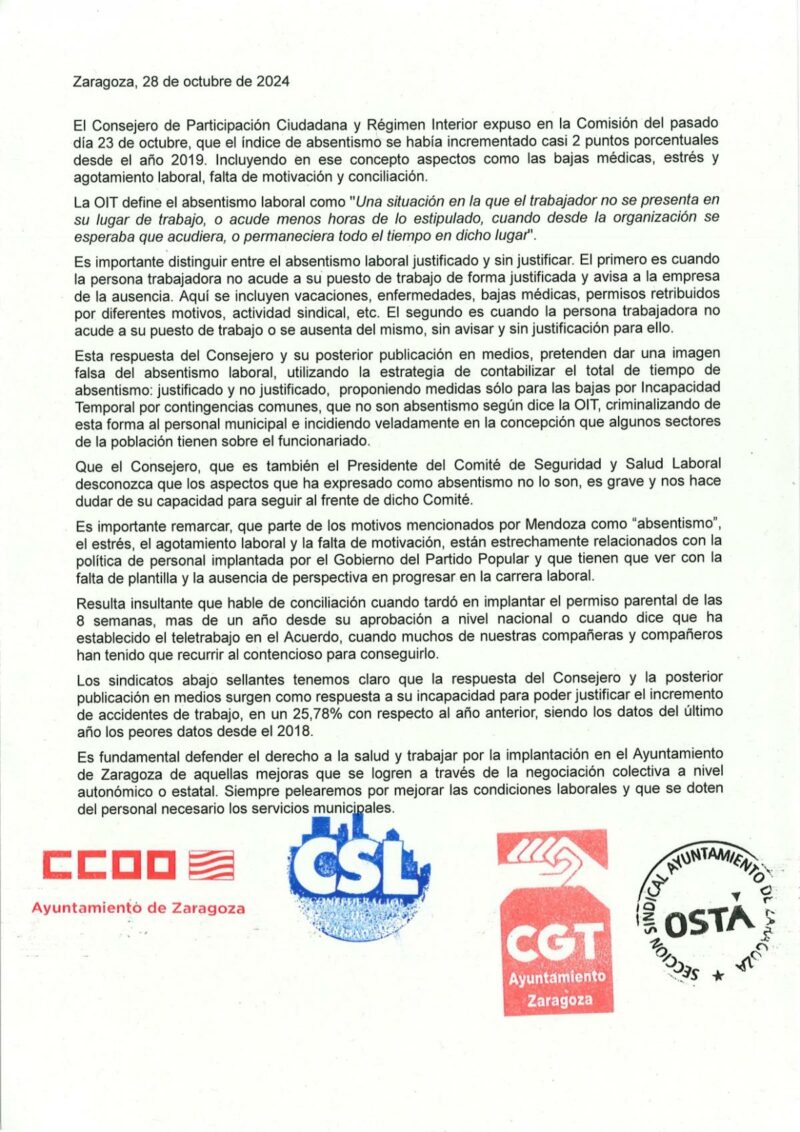 Respuesta al Consejero de Participación Ciudadana y Régimen Interior por parte de CCOO, CGT, CSL y OSTA